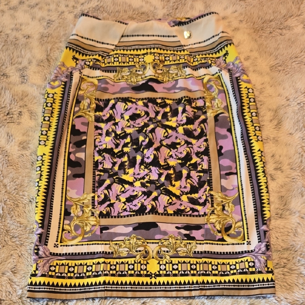 Versace Collection Yellow and Purple Patterned Pencil Skirt